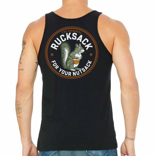 Nut Ruck Original rucksack for your nutsack tank top in black worn by a athletic built man