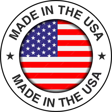 Circular graphic with an American Flag on the inside and "Made in the USA" around the top and bottom 